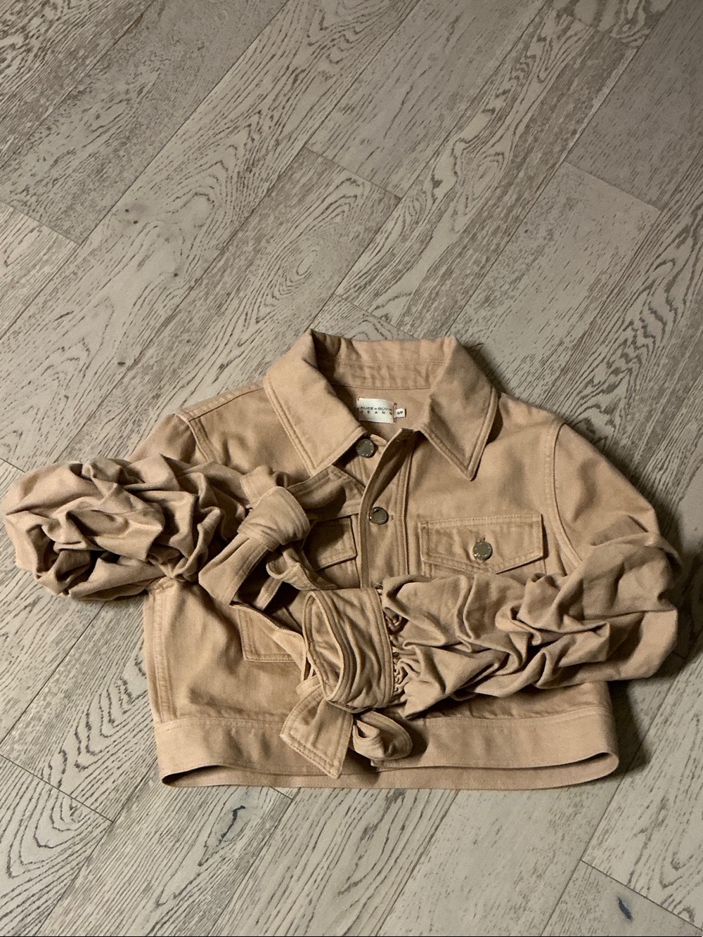 Alice + Olivia Girls Beige Cropped Jean Jacket with Ruched Tie Sleeves